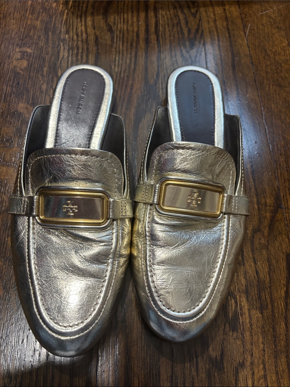 Tory Burch Metallic Gold Leather Backless Loafers